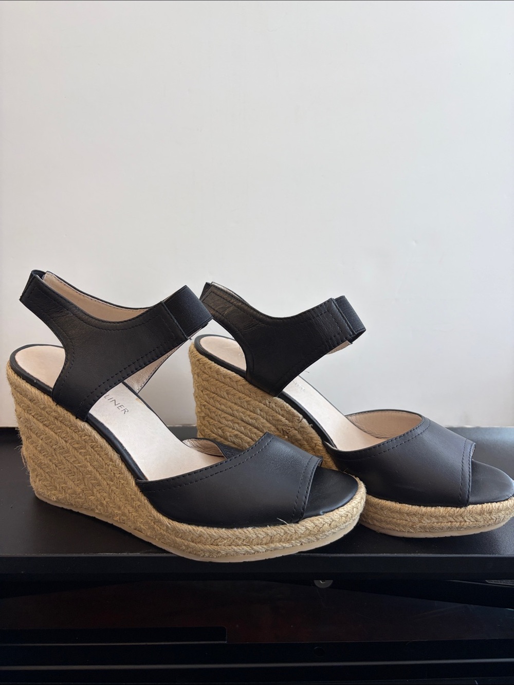 Donald J. Pliner Black Leather Espadrille Wedge Sandals